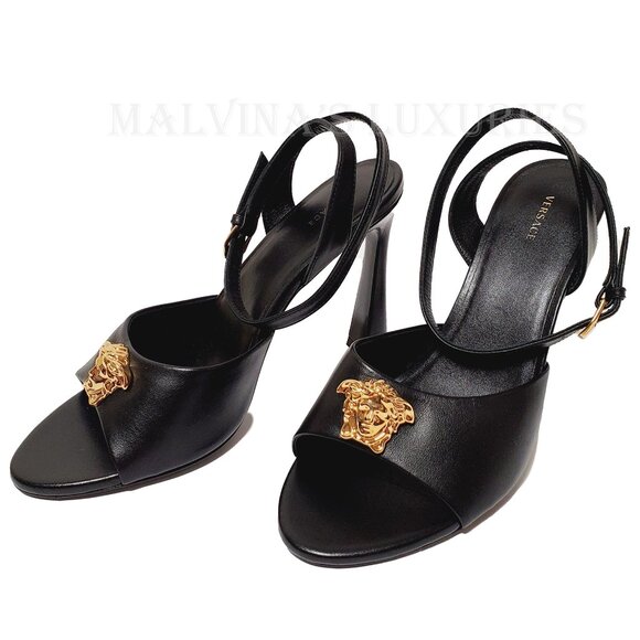 VERSACE SHOES BLACK LEATHER w MEDUSA HIGH HEEL SANDALS 38 / US 8 - Picture 2 of 12